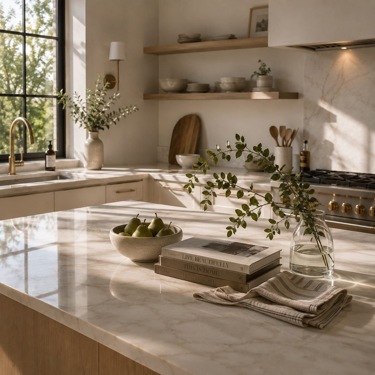 A sunlit kitchen with a marble island after a Bergamot clean
