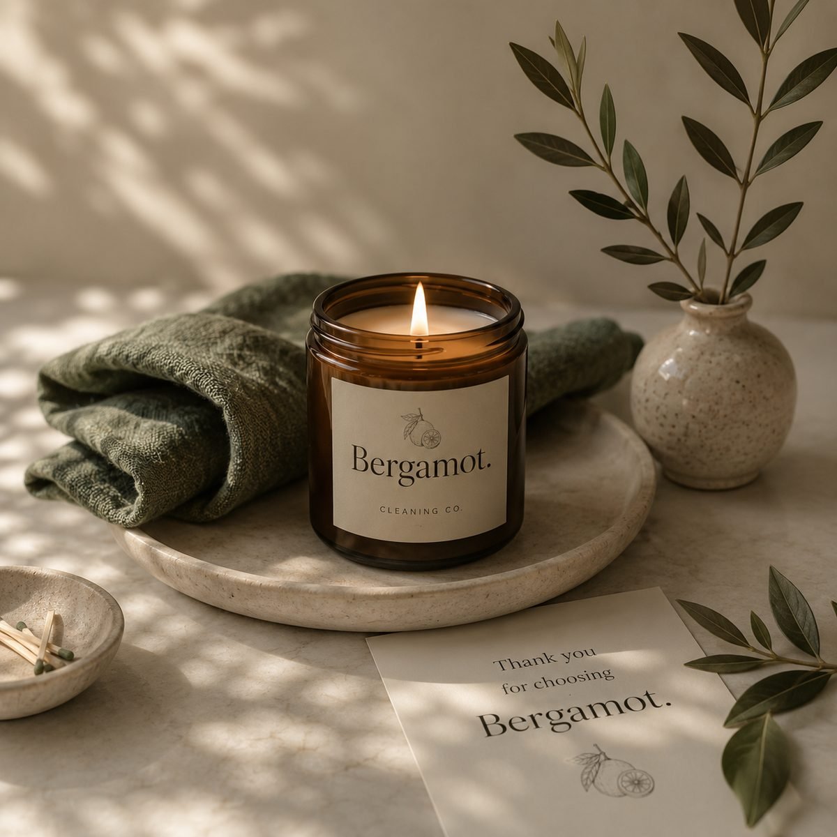 A lit Bergamot. candle on a stone tray beside folded green linen