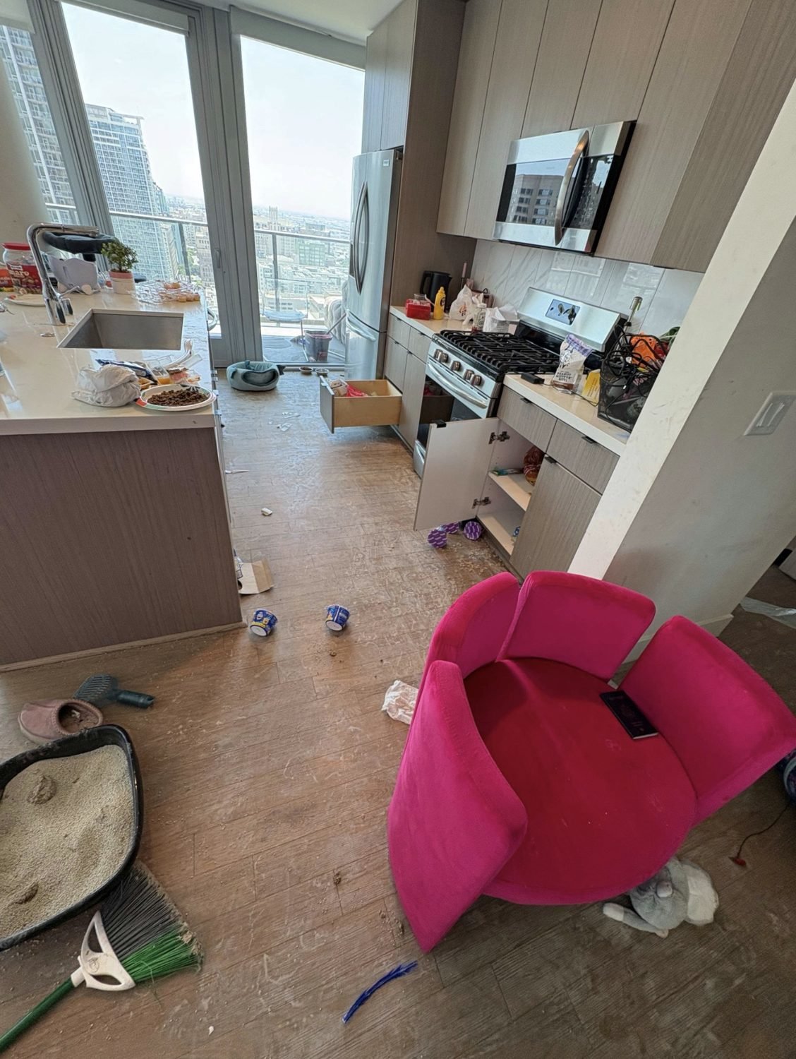 A cluttered kitchen before Bergamot. cleaned it